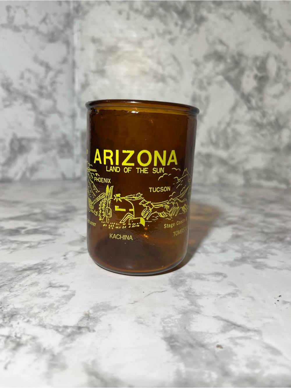 Arizona Vintage Amber Glass Souvenir Vase with Yellow Graphic
